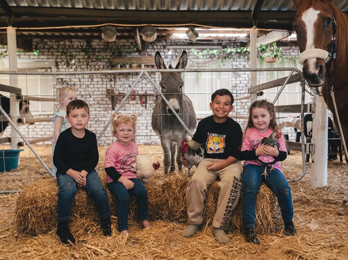 Kids on hay bales with donkey and chickens at Lat Wai